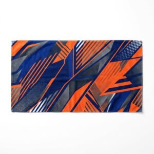 All-over print microfibre sports towel with navy and orange geometric design