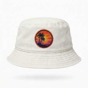 Off-white cotton bucket hat with sunset palm patch