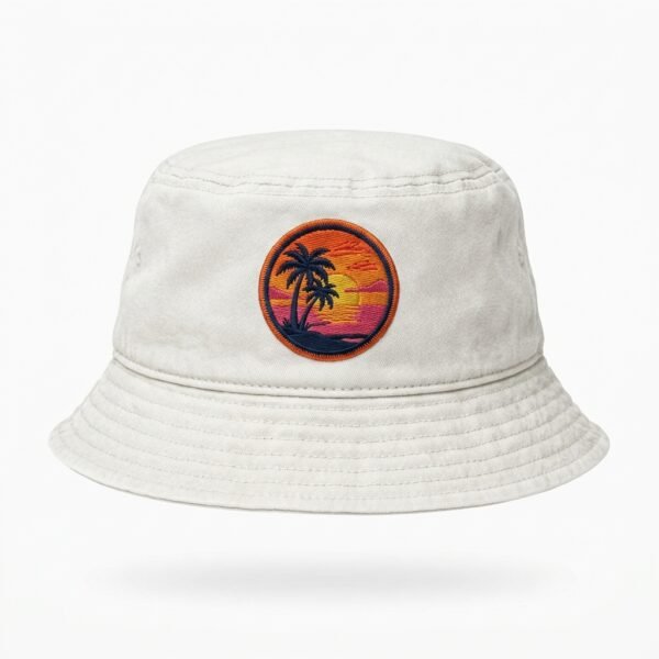 Custom White Cotton Bucket Hat – Sunset Patch Off-white cotton bucket hat with sunset palm patch