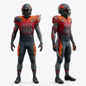 Custom American Football Uniform – Red Flame Sublimated Red and black flame sublimated American football uniform front and side view