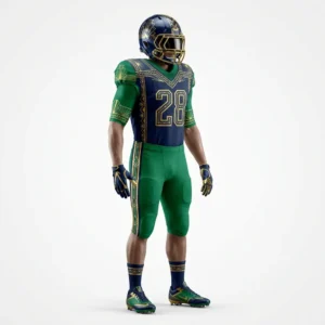 Custom American Football Uniform – Green & Navy Gold Trim Navy and green American football uniform with gold trim