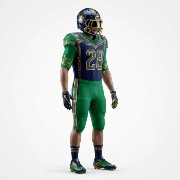 Custom American Football Uniform – Green & Navy Gold Trim Navy and green American football uniform with gold trim