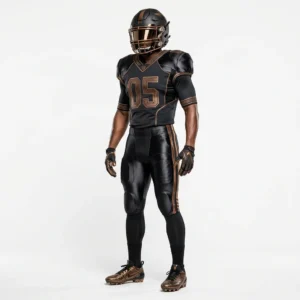Custom American Football Uniform – Black & Bronze Pro Black American football uniform with bronze numbers and trim