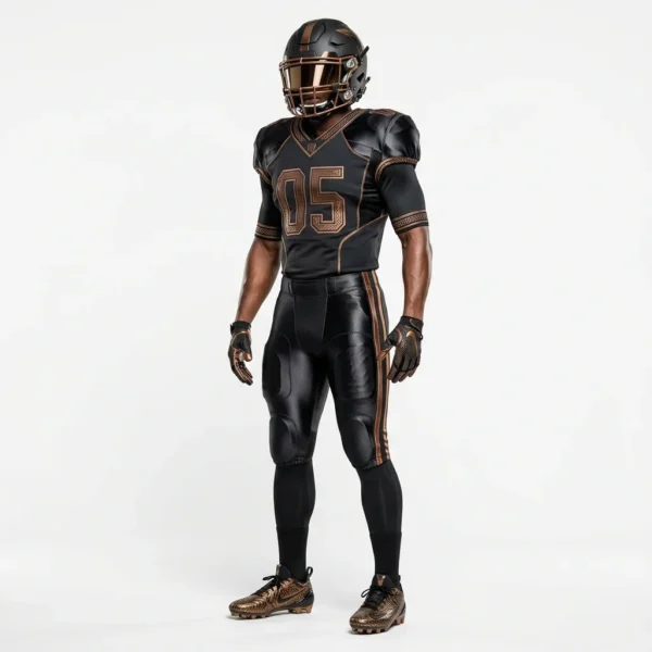 Black American football uniform with bronze numbers and trim