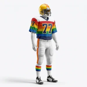Custom American Football Uniform – Retro Rainbow Stripe Retro rainbow striped American football uniform with white pants