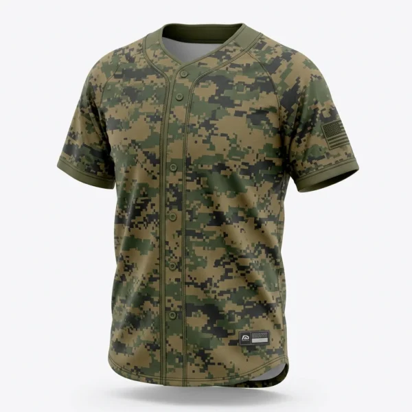 Green digital camo full button baseball jersey