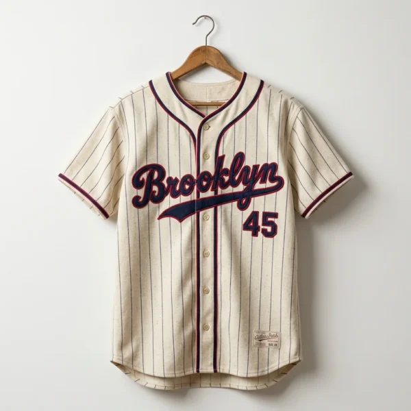 Custom Baseball Jersey – Vintage Pinstripe Script Cream pinstripe vintage baseball jersey with maroon script lettering