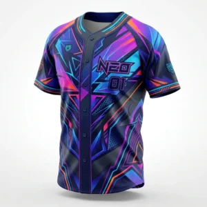 Custom Baseball Jersey – Neon Geometric Esports Style Neon purple and blue geometric sublimated baseball jersey
