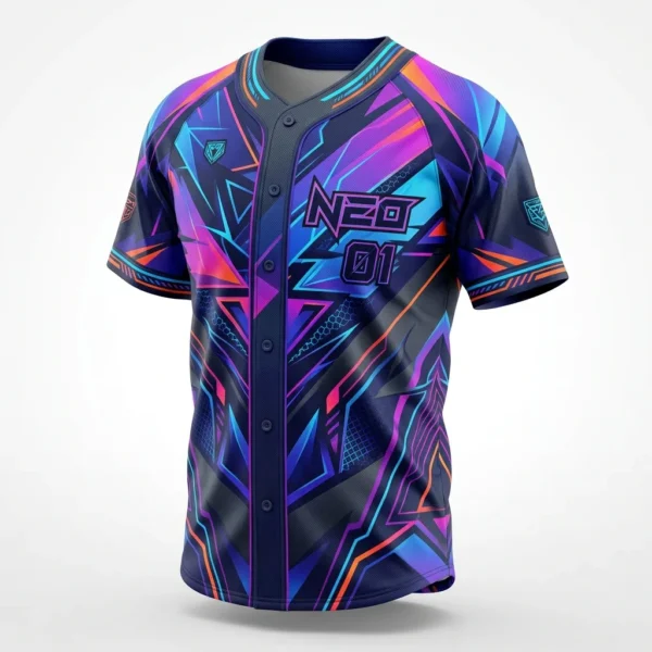 Neon purple and blue geometric sublimated baseball jersey