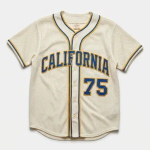 Custom Baseball Jersey – Cream Mesh City Lettering Cream mesh retro baseball jersey with navy and gold lettering