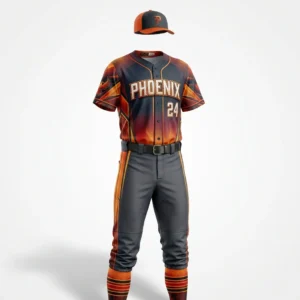 Custom Baseball Uniform – Phoenix Flame Sublimated Orange and charcoal flame sublimated baseball uniform with cap