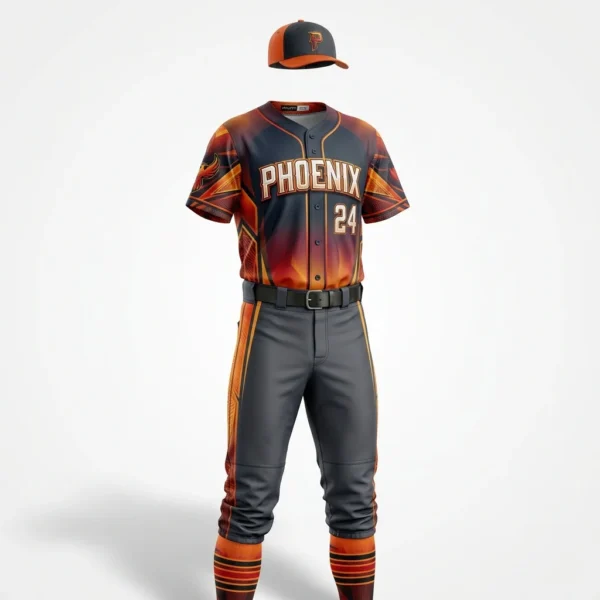Orange and charcoal flame sublimated baseball uniform with cap