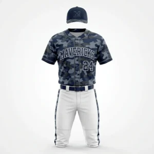 Custom Baseball Uniform – Navy Camo & White Navy camo baseball uniform with white pants and navy cap