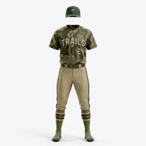Custom Baseball Uniform – Olive Camo Trail Olive camo baseball uniform with khaki pants and cap