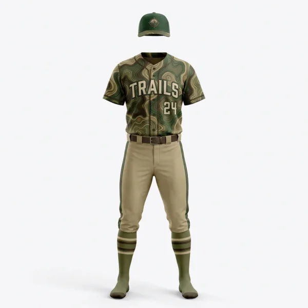 Olive camo baseball uniform with khaki pants and cap