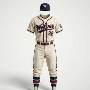 Custom Baseball Uniform – Cream Vintage Script Cream vintage script baseball uniform with navy cap