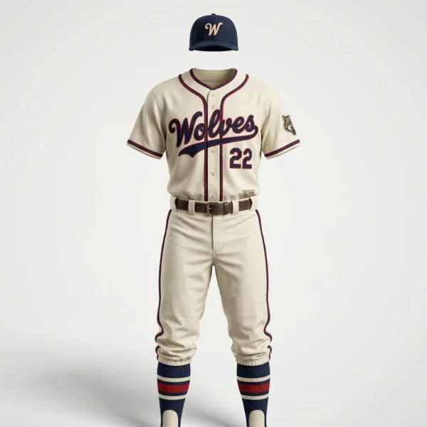 Cream vintage script baseball uniform with navy cap
