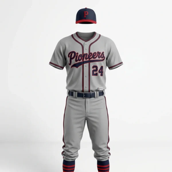 Grey road baseball uniform with navy script lettering