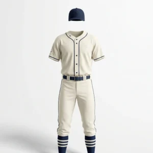 Custom Baseball Uniform – Cream Classic Blank Cream classic baseball uniform with navy piping and striped socks