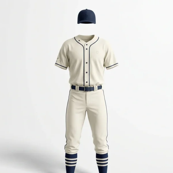 Cream classic baseball uniform with navy piping and striped socks