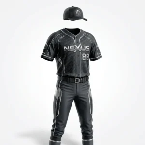 Custom Baseball Uniform – Black Carbon Pro Black carbon texture baseball uniform with silver trim