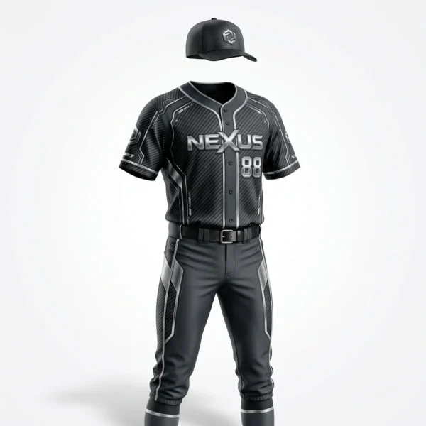 Black carbon texture baseball uniform with silver trim