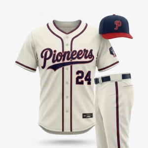 Custom Baseball Uniform – Cream & Navy Script Set Cream baseball uniform with navy and red script lettering and cap