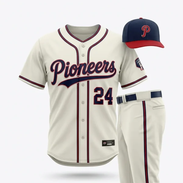 Cream baseball uniform with navy and red script lettering and cap