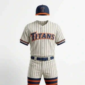 Custom Baseball Uniform – Pinstripe Knicker Set Cream pinstripe baseball uniform with knicker pants and orange trim
