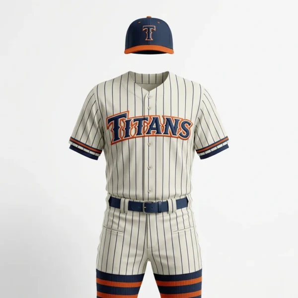 Custom Baseball Uniform – Pinstripe Knicker Set Cream pinstripe baseball uniform with knicker pants and orange trim