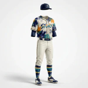 Custom Baseball Uniform – Tropical Storm Print Tropical print baseball jersey with cream pants and striped socks