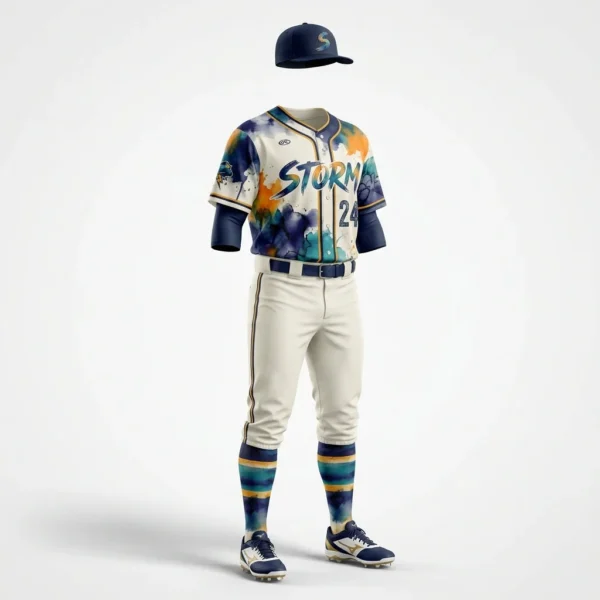 Tropical print baseball jersey with cream pants and striped socks