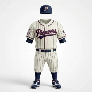 Custom Baseball Uniform – Pinstripe Knicker Navy Script Cream pinstripe knicker baseball uniform with navy script