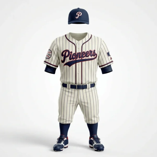 Cream pinstripe knicker baseball uniform with navy script