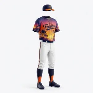 Custom Baseball Uniform – Tropical Palm Sunset Sunset palm tree print baseball uniform with white pants