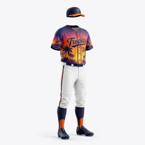 Sunset palm tree print baseball uniform with white pants