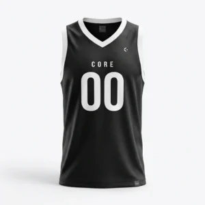 Custom Basketball Jersey – Black Core Minimal Black basketball jersey with white trim and numbers