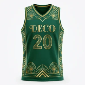 Custom Basketball Jersey – Art Deco Green & Gold Green and gold Art Deco sublimated basketball jersey