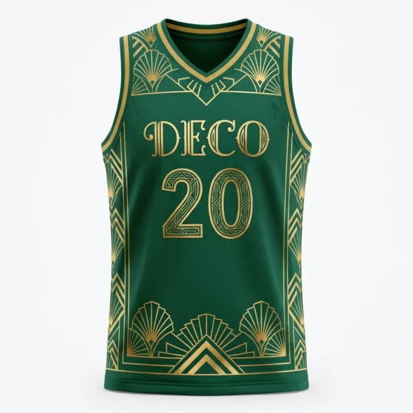 Green and gold Art Deco sublimated basketball jersey