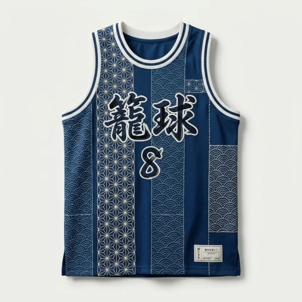 Custom Basketball Jersey – Japanese Pattern Navy Navy basketball jersey with Japanese patterns and Kanji lettering