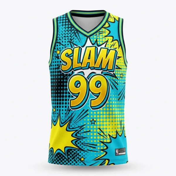 Custom Basketball Jersey – Comic Pop Art Comic pop art turquoise and yellow basketball jersey