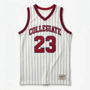 Custom Basketball Jersey – Collegiate Pinstripe White pinstripe collegiate basketball jersey with red lettering