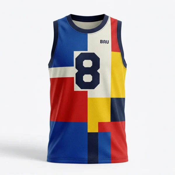 Red yellow and blue colour block basketball jersey