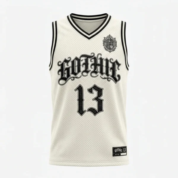Cream basketball jersey with black gothic lettering