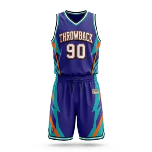 Custom Basketball Uniform – Purple Throwback Purple throwback basketball uniform with teal and orange side panels