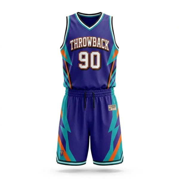 Custom Basketball Uniform – Purple Throwback Purple throwback basketball uniform with teal and orange side panels
