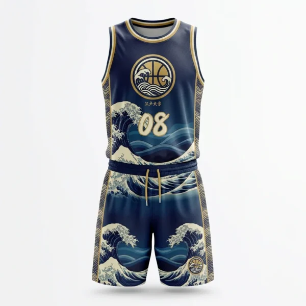 Custom Basketball Uniform – Great Wave Japanese Art Navy Japanese great wave print basketball uniform