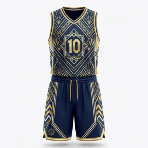 Custom Basketball Uniform – Navy & Gold Art Deco Navy and gold Art Deco basketball uniform