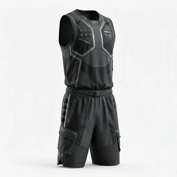 Custom Basketball Uniform – Tactical Black Utility Black tactical utility basketball uniform with cargo shorts