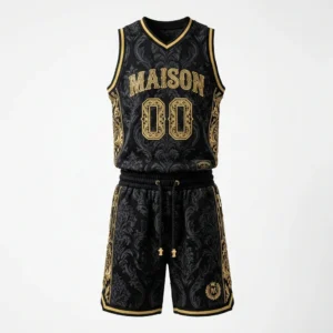 Custom Basketball Uniform – Black & Gold Baroque Black and gold baroque pattern basketball uniform